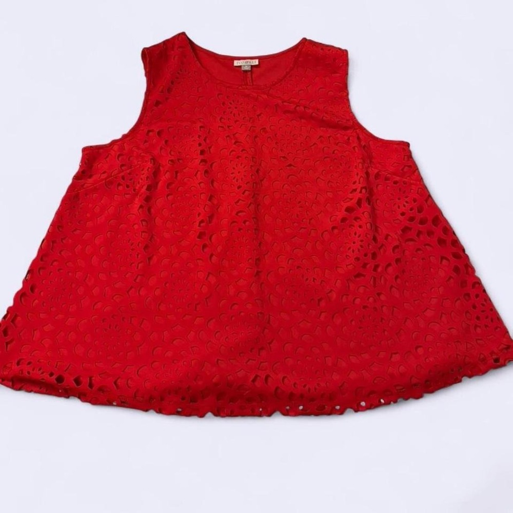 Roz & Ali Red Laser Cut Floral Sleeveless Blouse Top XL Womens Round Neck